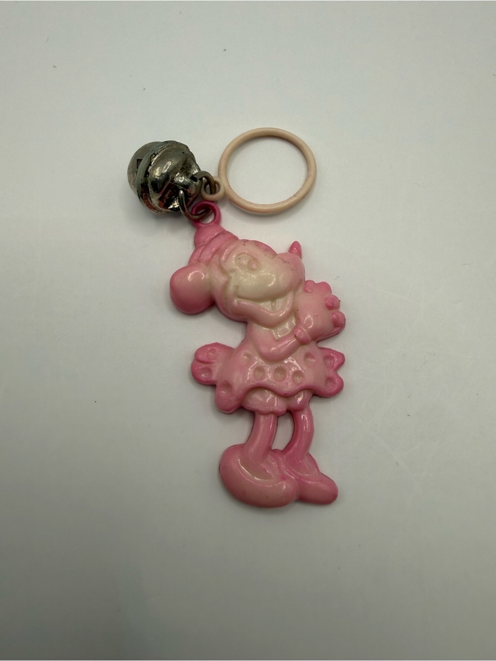 Vintage 1980s Disney Minnie Mouse Pink Plastic Charm Bell Jingle Keychain Ring